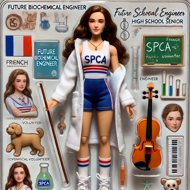 An image of a college applicant dressed as a superhero with images and words suggesting her interests and passions all around her: these interests include France, volunteering with animals, a guitar, and a keyboard; the words "future biochemical engineer" are in the top left-hand corner.