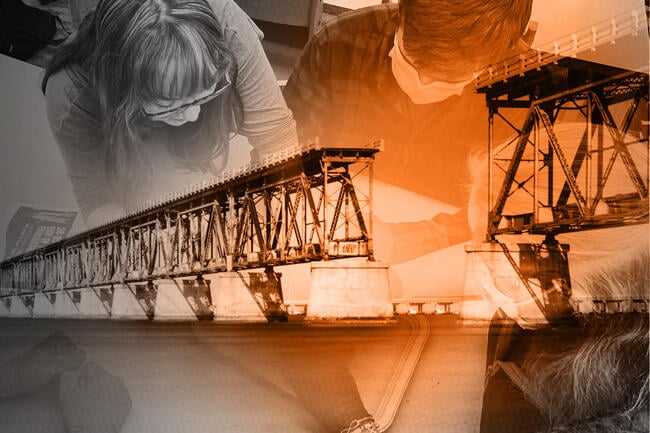 A broken bridge overlaid onto a photo of students.