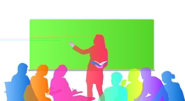 A colorful illustration of a female professor lecturing to a group of students. Each person is depicted as a silhouette of a different color.