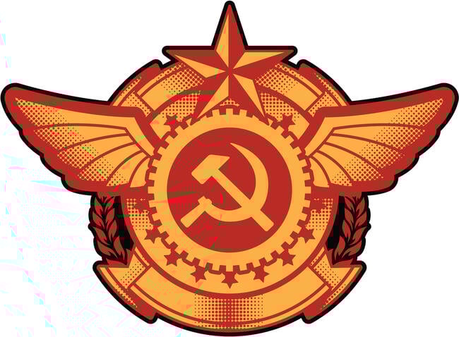 An illustration of a Soviet-style badge, with a hammer and sickle at the center.