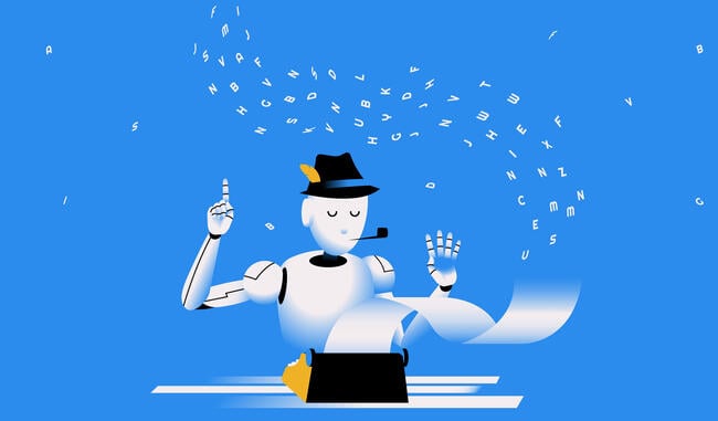 A whimsical illustration of a robot working at a typewriter, a hat with a feather on its head and a cigar in its mouth.