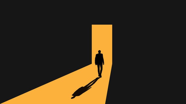 An illustration of a man, in silhouette, walking away through a door; yellow light illuminates the doorway and the path to it, while everything surrounding is black.