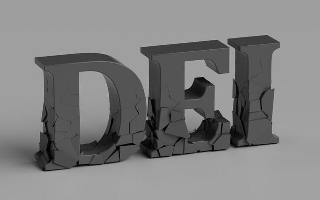 An illustration of the letters "DEI" in dark gray, against a lighter grey background. Each of the letters has cracks in the bottom, as if the foundation is crumbling.