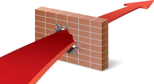 An illustration of a red arrow breaking through a brick wall, and curving toward the future.