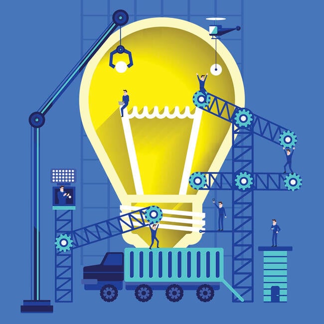 An illustration of a light bulb, signaling an idea, atop a truck, with construction scaffolding and people surrounding it. The illustration suggests idea building or the transfer of an idea to market.