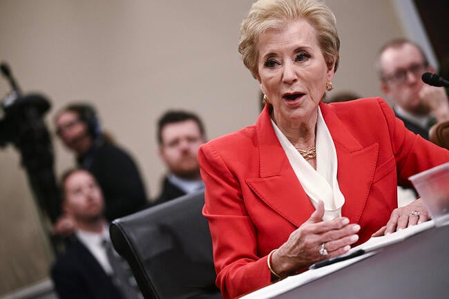 US Secretary of Education Linda McMahon testifies before a House Subcommittee on Capitol Hill.