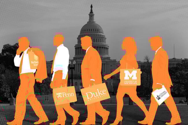 Individuals in business attire with college logos on their briefcases walking in front of the US Capitol building.