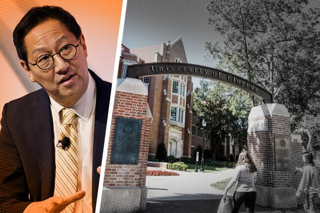 University of Florida president Santa Ono next to a shot of a campus entrance.
