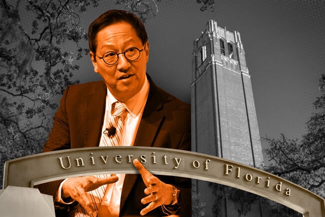 University of Florida presidential finalist Santa Ono combined with a couple of campus images.