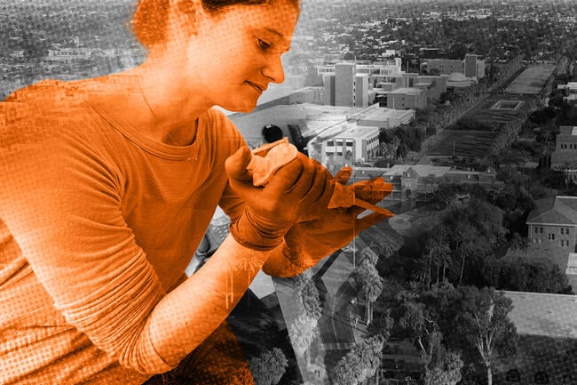 A lab worker over an aerial shot of the University of Arizona campus.