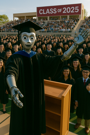 An AI-generated image of a robot-like figure giving a graduation speech.