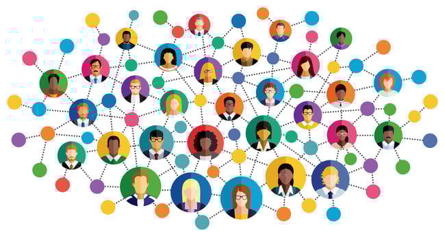 An illustration featuring circles with diverse human faces all linked together via a large network.