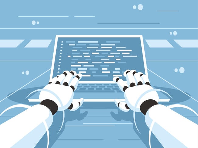 An illustration of two robotic hands typing on a keyboard.