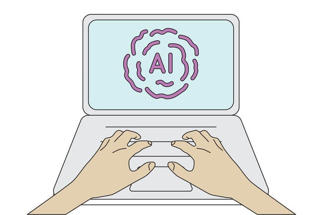 An illustration of two hands resting on a laptop keyboard; the screen says "AI."