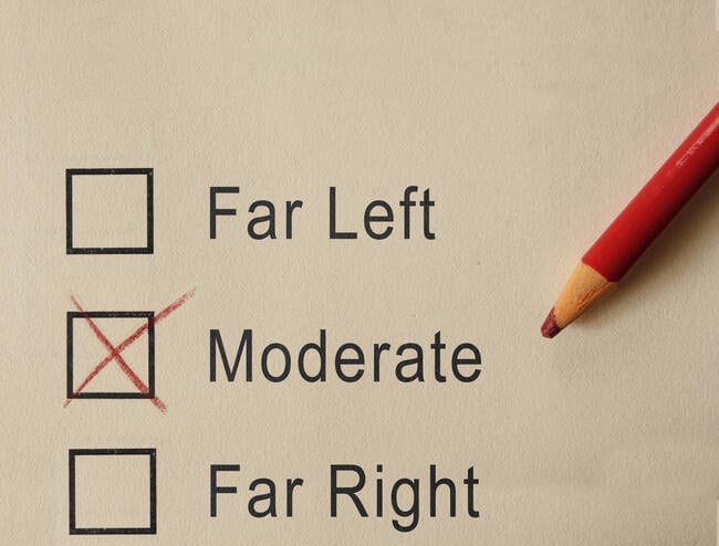 A pencil lies atop a paper survey. There are three boxes—for "far left," "moderate," and "far right"—and the middle box, for "moderate," has been marked with an "X."