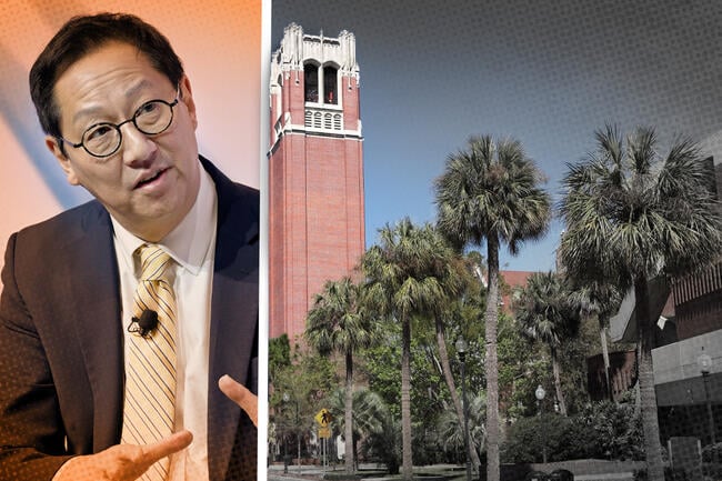 President Santa Ono next to a shot of the University of Florida campus.