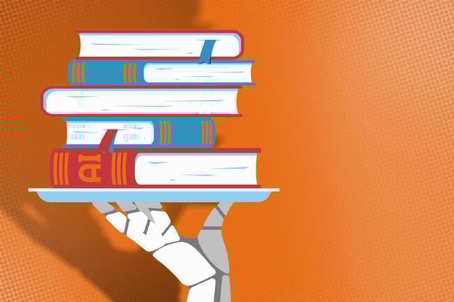 A robotic hand holds a stack of books, with the bottom book reading "AI" on its spine.
