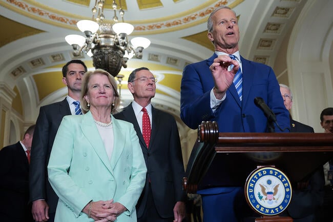 Senate Majority Leader John Thune (R-S.D.) speak to press following the weekly Republican policy luncheon at the U.S. Capitol Building.
