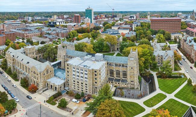 An aerial view of the University of Michigan campus in Ann Arbor.