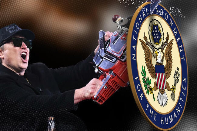 A photo illustration of Elon Musk using a chain saw to cut through the seal of the Nation Endowment for the Humanities.