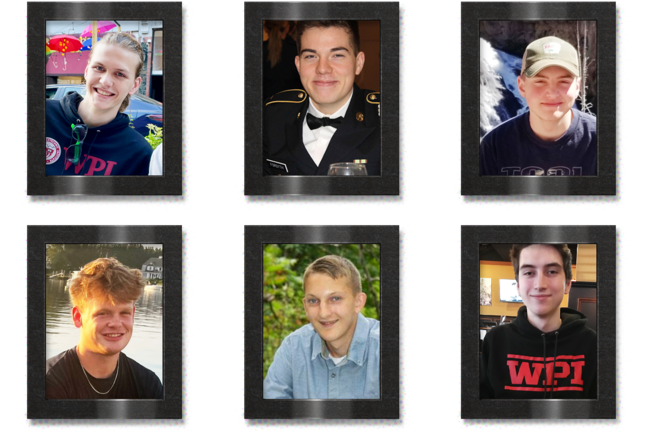 A photo illustration of portraits of Ronan Banavige, Jack Forsyth, Liam Godin, Alex Hughes, Tyler Larson and Nate Morin, each in a black frame with shadows behind them. 