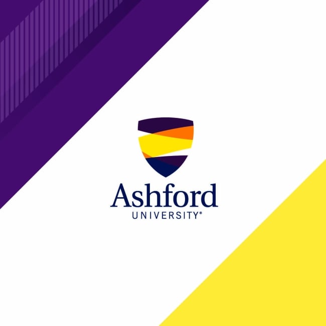 The logo of Ashford University, in tones of purple and yellow.