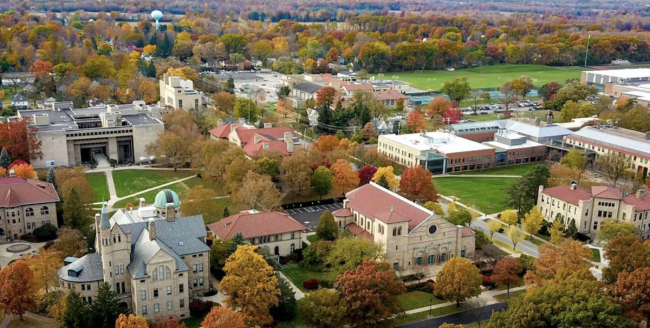 Aerial view of Oberlin College's campus in the fall.