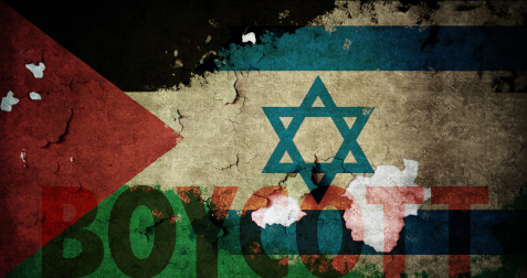 Composite image of the Israeli and Palestinian flags, with the word "boycott" along the bottom.