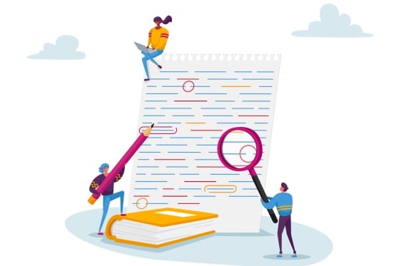 Small people sit atop and around a large paper holding a magnifying glass and red pencil, pointing out mistakes in that paper