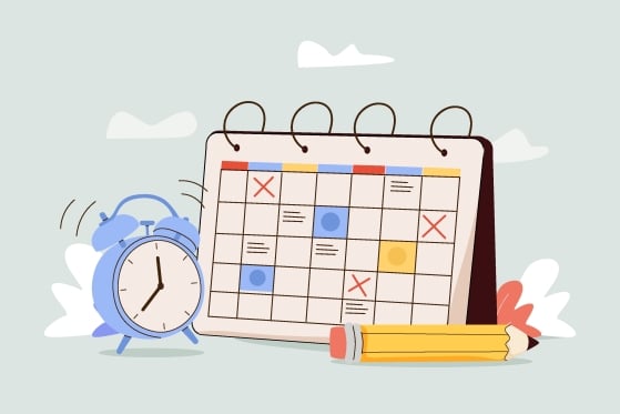 An illustration of an open calendar with various dates marked, next to an alarm clock and a pencil.
