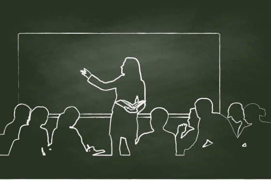 A black and white silhouette-like illustration of an instructor gesturing to a board with a group of students listening.
