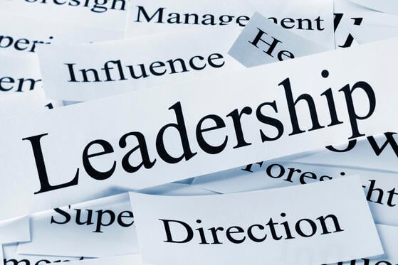 A collection of printed words, as if cut out from newspapers, including "leadership," direction," "influence," and "management,."