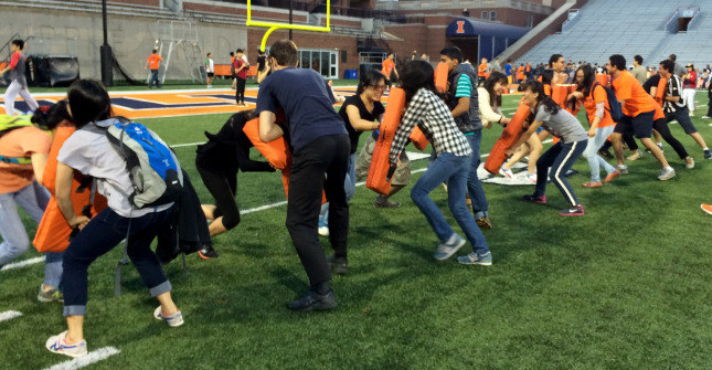 International students at the Football 101 event. Courtesy of the University of Illinois at Urbana-Champaign.