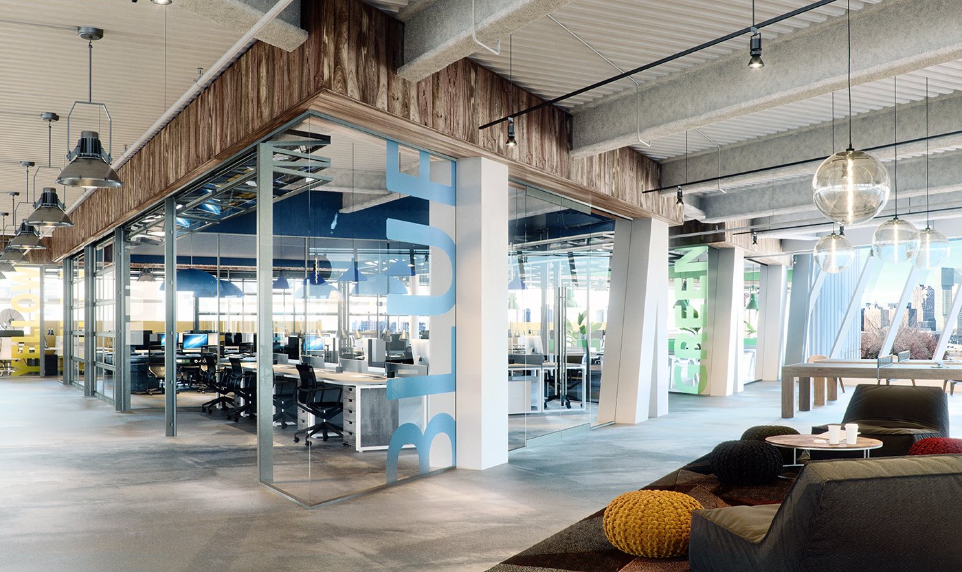 Interior view of open-plan Cornell Tech building on Roosevelt Island.