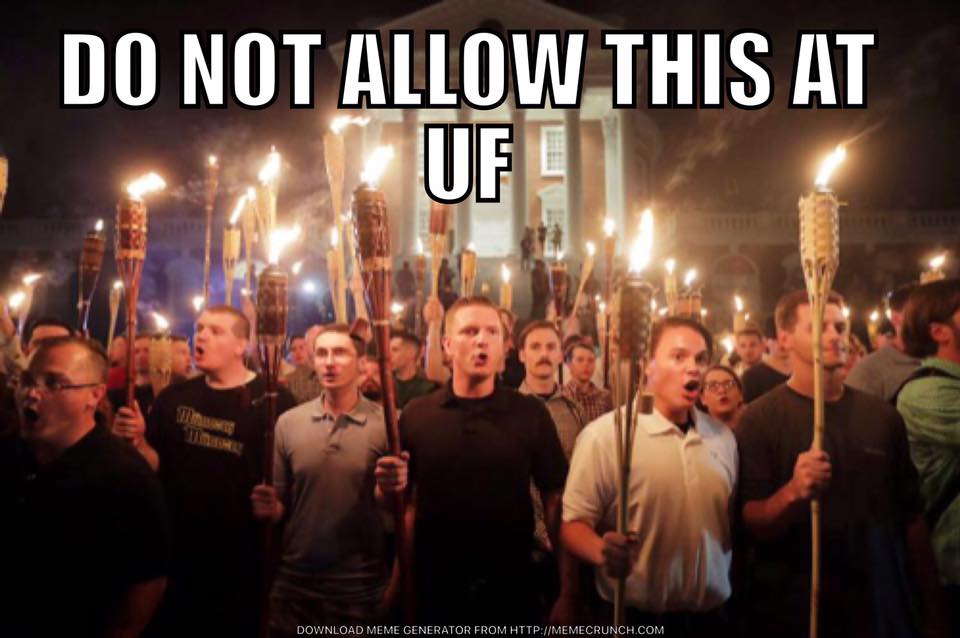 Illustration from Facebook group opposed to Richard Spencer speaking at the University of Florida. Image is of torch-wielding white supremacists at the University of Virginia Aug. 11, 2017, with the words "Do not allow this at UF."