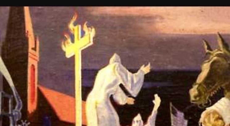 Detail of Thomas Hart Benton mural shows people in white robes and a burning cross.