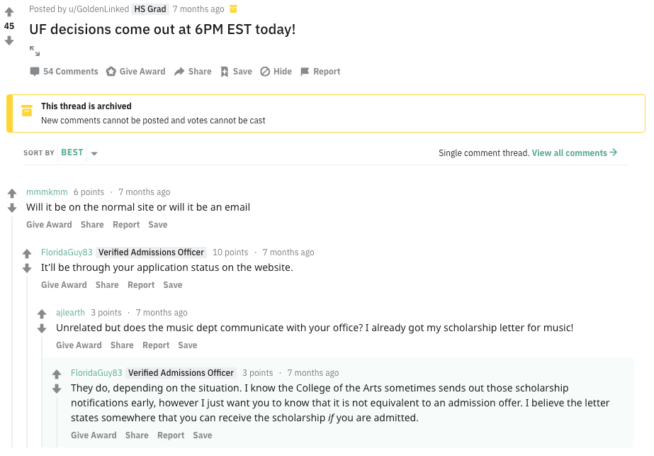 UF Reddit thread