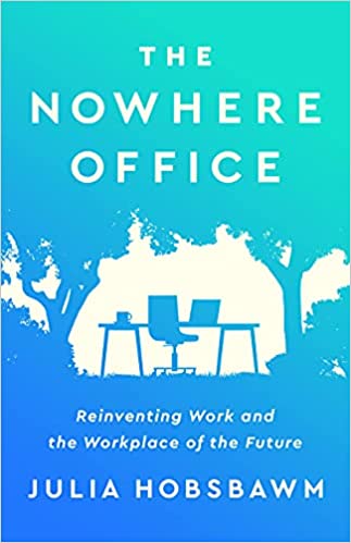 Cover of The Nowhere Office, showing an outline of a desk with a chair and laptop on an aqua background.
