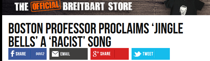 Image of headline from Breitbart.com: Boston professor proclaims "Jingle Bells" a "racist" song.