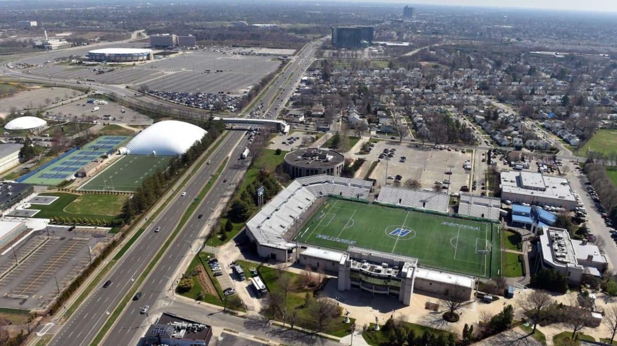 Aerial view of a portion of the Hofstra University campus and the Hempstead Turnpike, as well as the Nassau Coliseum