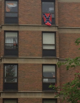 A Confederate flag hangs out of a dormitory window at the University of Tennessee at Knoxville.