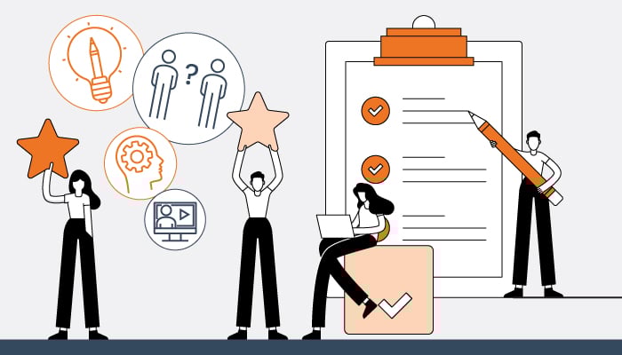 Illustration of a to-do list and various figures holding up star shapes.