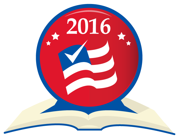 2016 election-themed illustration of clock with an American flag inside sitting on a book.