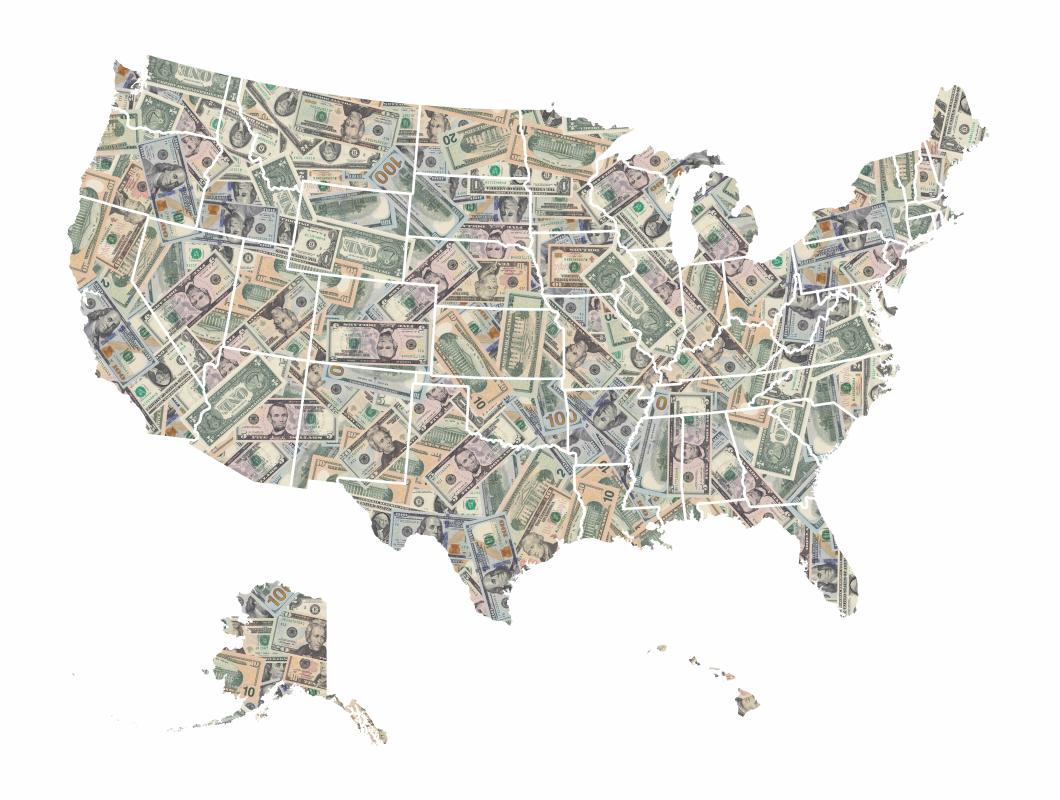 An illustration of the United States with money filling in the states' outlines.