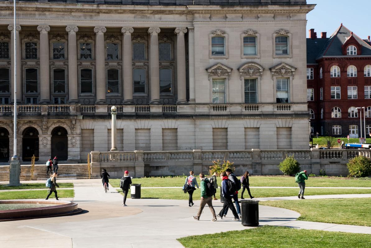 Students walk on campus at the University of Wisconsin at Madison.