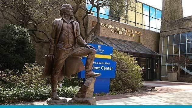 Statue of Thomas Jefferson outside the Sondra and David S. Mack Student Center at Hofstra University.