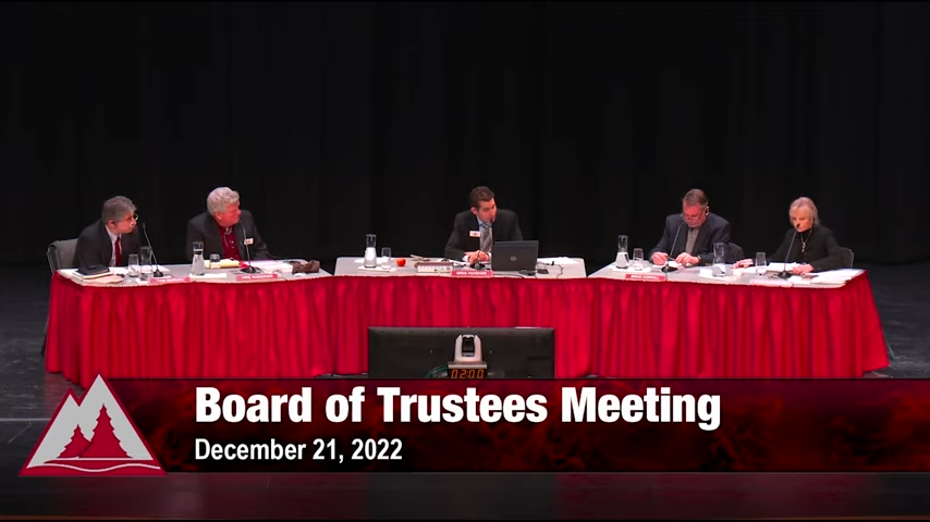 The five members of the North Idaho College Board of Trustees, all white people, sit at a table with a red skirt.