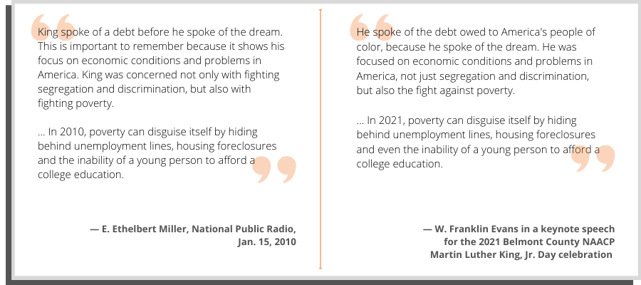 A side-by-side comparison of Evans' words and text from a National Public Radio article.