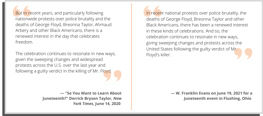 A side-by-side comparison of Evans' words and text from a New York Times article.