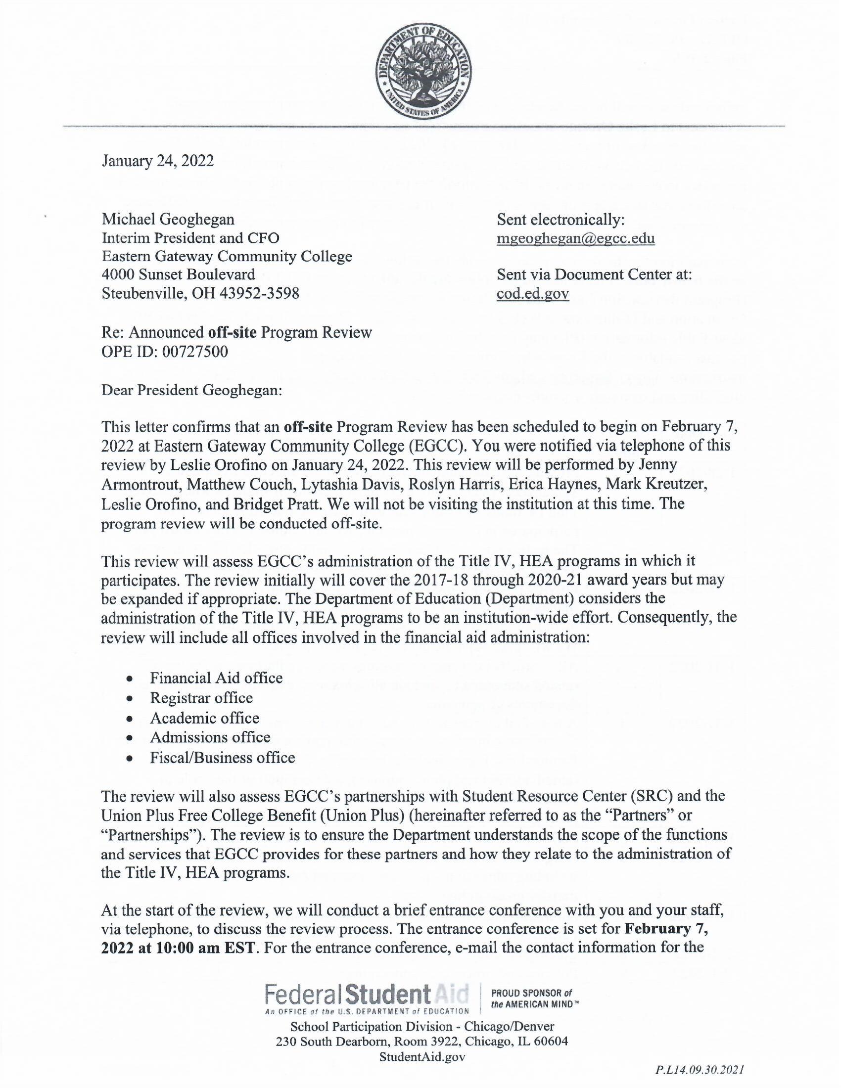 Letter from the U.S. Department of Education to Eastern Gateway Community College announcing program review.